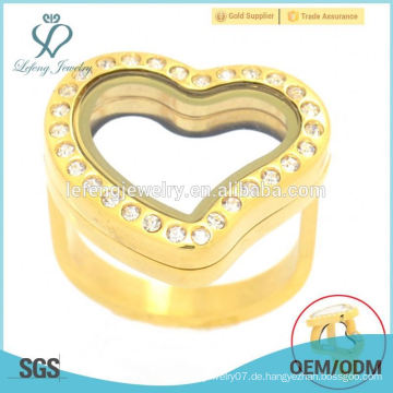 Neue hochwertige Gold Herzringe, Edelstahl Glas Foto schwimmenden Medaillons Ringe Schmuck